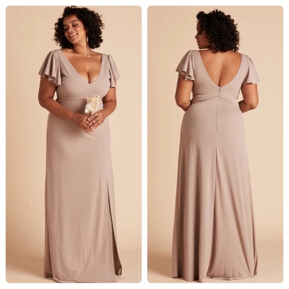 Birdy Gray Hannah Flutter Sleeve Crepe Bridesmaid Maxi Dress Sz M in‎ Taupe NEW - Picture 1 of 9